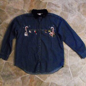 Womens Denim Embroidered, Button Up Christmas Shirt- Candy Canes, Snowman- Sz S